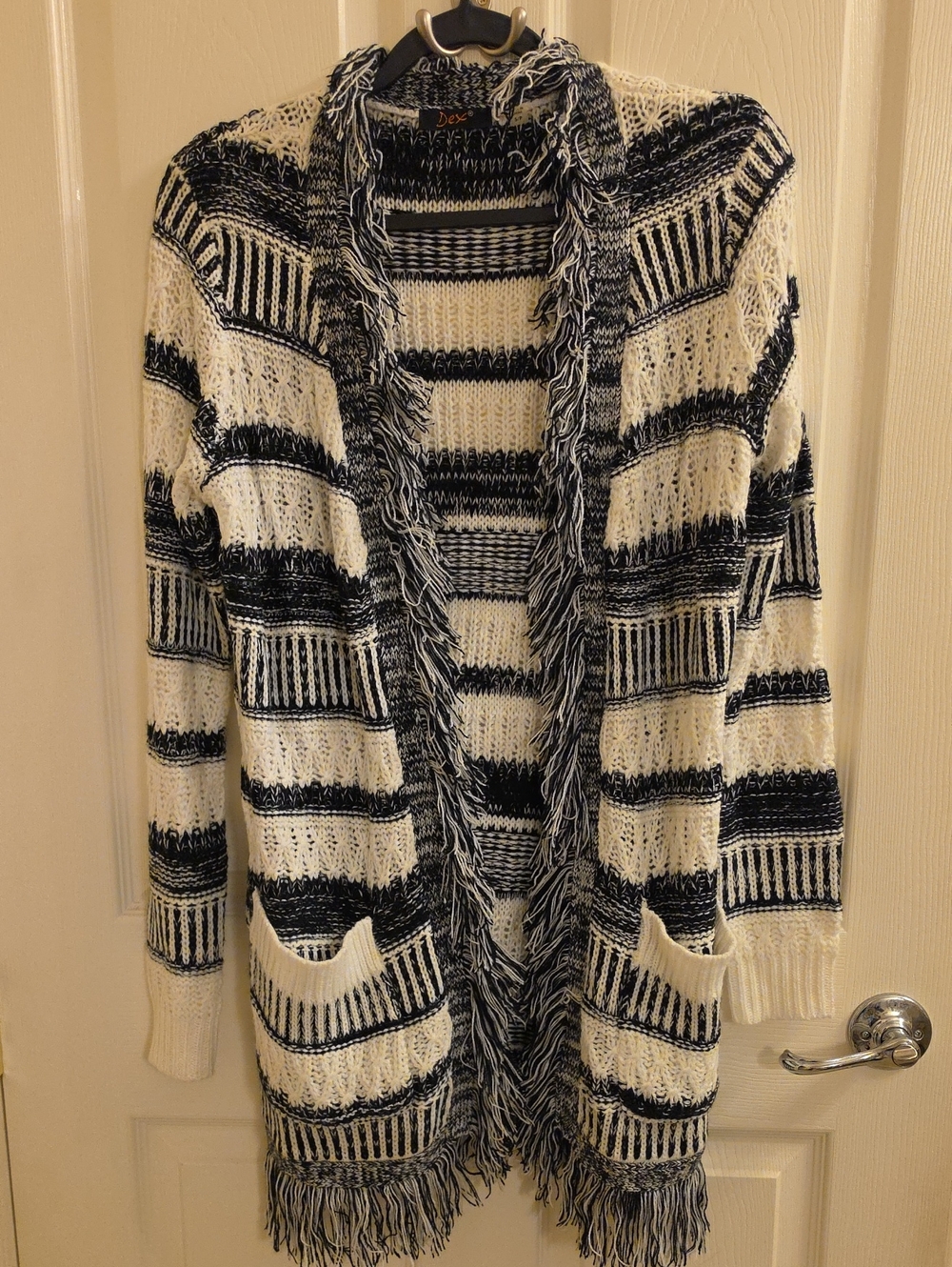 Dex Black & White Striped Fringe Open-Front Cardigan